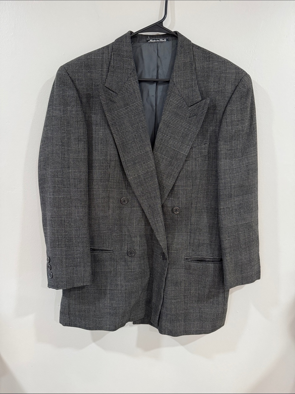 Saks Fifth Ave Men's Double-Breasted Glen Plaid pure virgin wool Blazer Gray